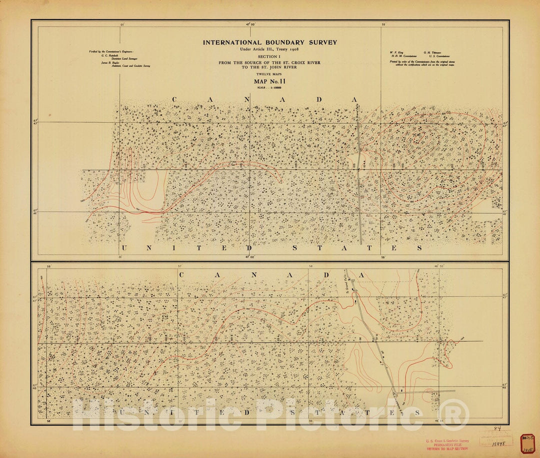 Historic Nautical Map - International Boundary, From The Source Of The St. Croix River To The St. John River, Survey Map No.11, ME, 1908 NOAA Topographic - Vintage Wall Art