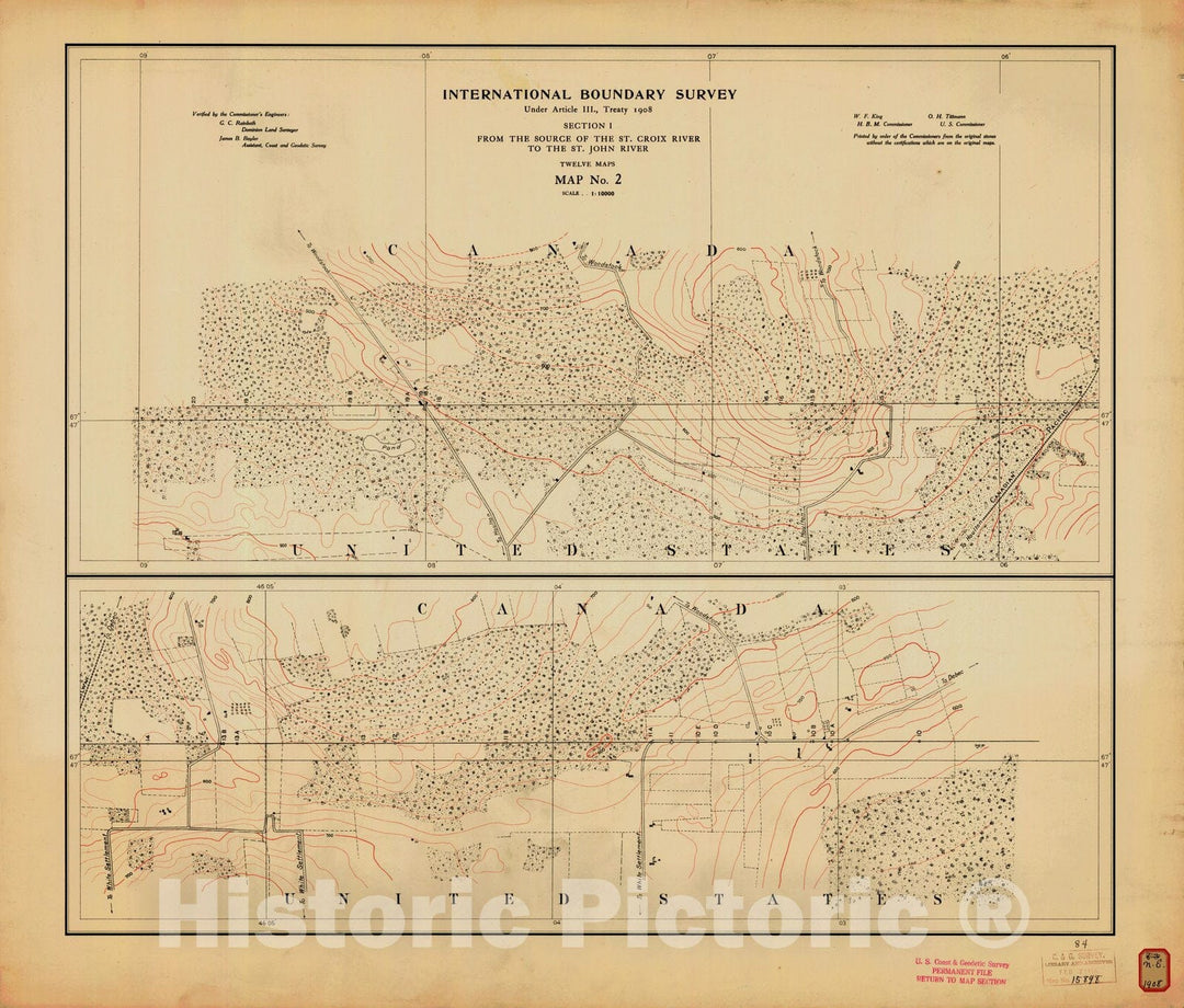 Historic Nautical Map - International Boundary, From The Source Of The St. Croix River To The St. John River, Survey Map No.2, ME, 1908 NOAA Topographic - Vintage Wall Art