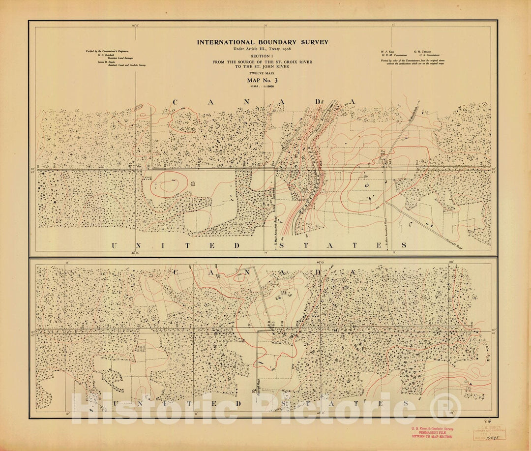 Historic Nautical Map - International Boundary, From The Source Of The St. Croix River To The St. John River, Survey Map No.3, ME, 1908 NOAA Topographic - Vintage Wall Art