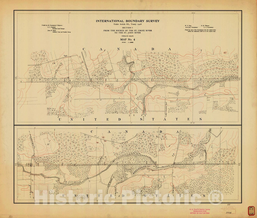 Historic Nautical Map - International Boundary, From The Source Of The St. Croix River To The St. John River, Survey Map No.4, ME, 1908 NOAA Topographic - Vintage Wall Art