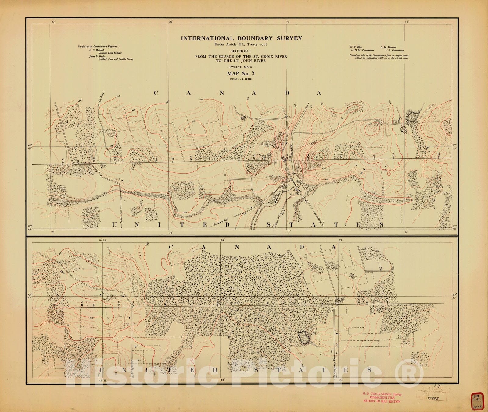 Historic Nautical Map - International Boundary, From The Source Of The St. Croix River To The St. John River, Survey Map No.5, ME, 1908 NOAA Topographic - Vintage Wall Art