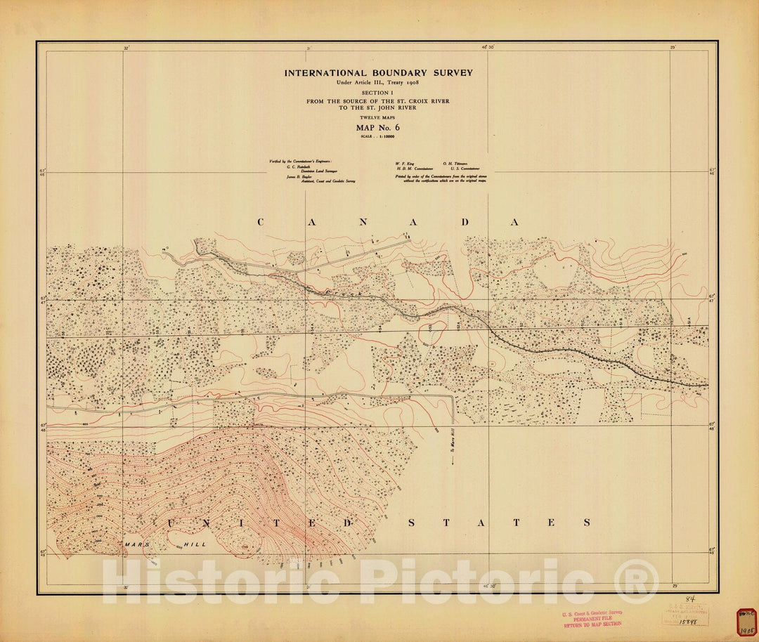 Historic Nautical Map - International Boundary, From The Source Of The St. Croix River To The St. John River, Survey Map No.6, ME, 1908 NOAA Topographic - Vintage Wall Art