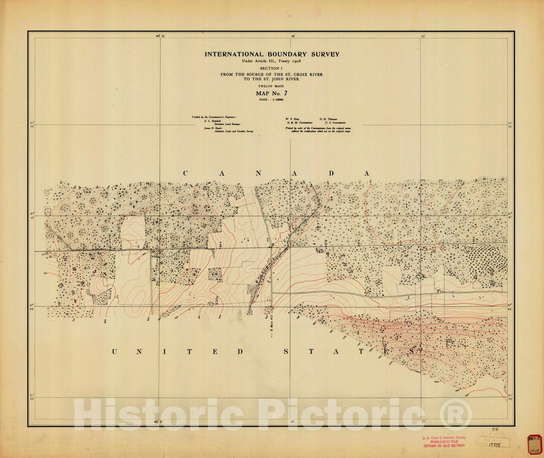 Historic Nautical Map - International Boundary, From The Source Of The St. Croix River To The St. John River, Survey Map No.7, ME, 1908 NOAA Topographic - Vintage Wall Art