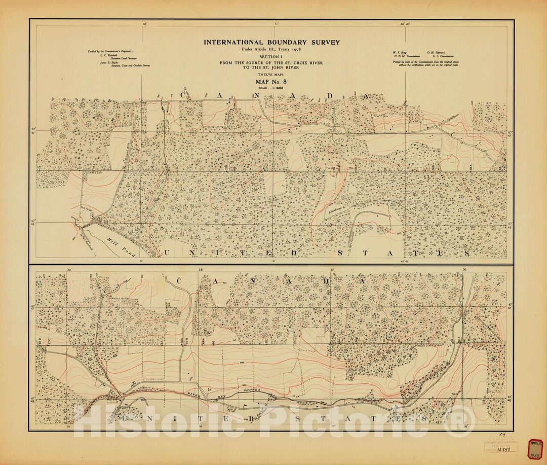 Historic Nautical Map - International Boundary, From The Source Of The St. Croix River To The St. John River, Survey Map No.8, ME, 1908 NOAA Topographic - Vintage Wall Art