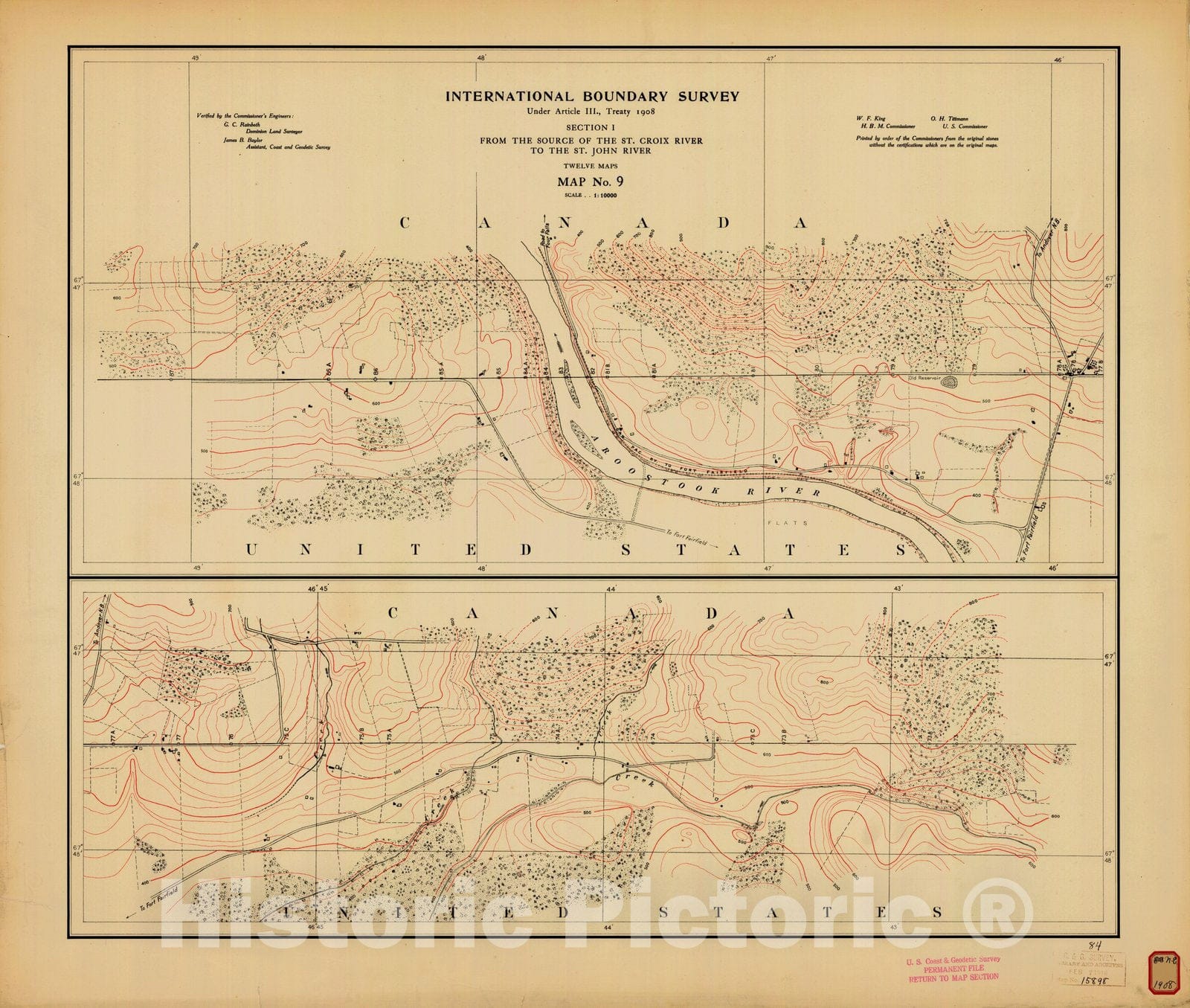 Historic Nautical Map - International Boundary, From The Source Of The St. Croix River To The St. John River, Survey Map No.9, ME, 1908 NOAA Topographic - Vintage Wall Art