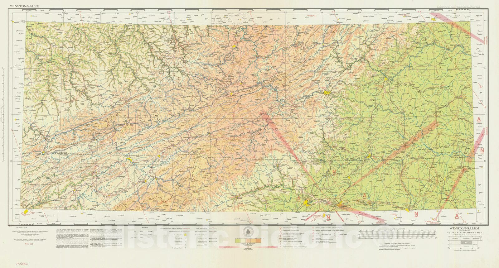 Historic Nautical Map - Winston-Salem Section Of United States Airway Map, VA, KY, TN, NC, 1935 AeroNOAA Chart - Vintage Wall Art