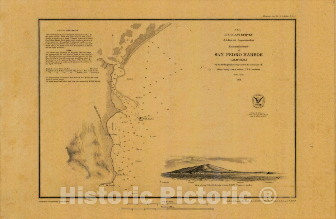 Historic Nautical Map - Reconnaissance Of San Pedro Harbor, CA, 1852 NOAA Chart - Vintage Wall Art