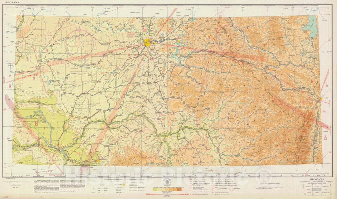 Historic Nautical Map - Spokane Sectional Aeronautical Chart, ID, MT, WA, 1936 AeroNOAA Chart - Vintage Wall Art