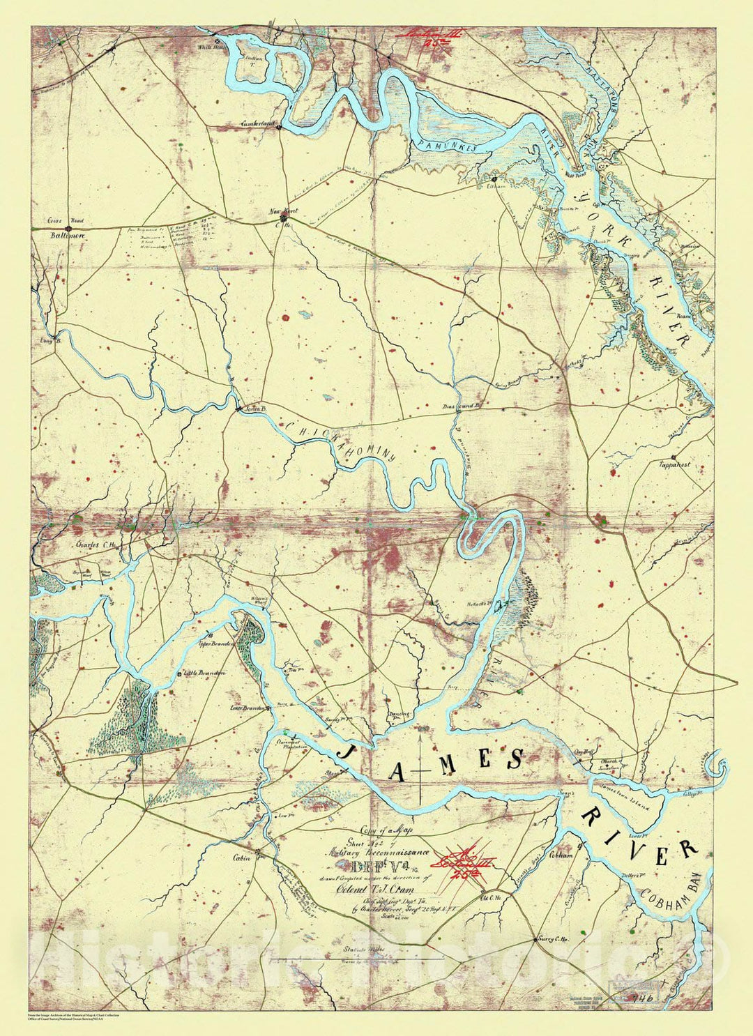 Historic Nautical Map - Copy of a Map, Sheet No. 2 of Military Reconnaissance, Dept. Va, James River Area - 1862, VA, 1862 Civil War Historic Nautical Map - Vintage Wall Art