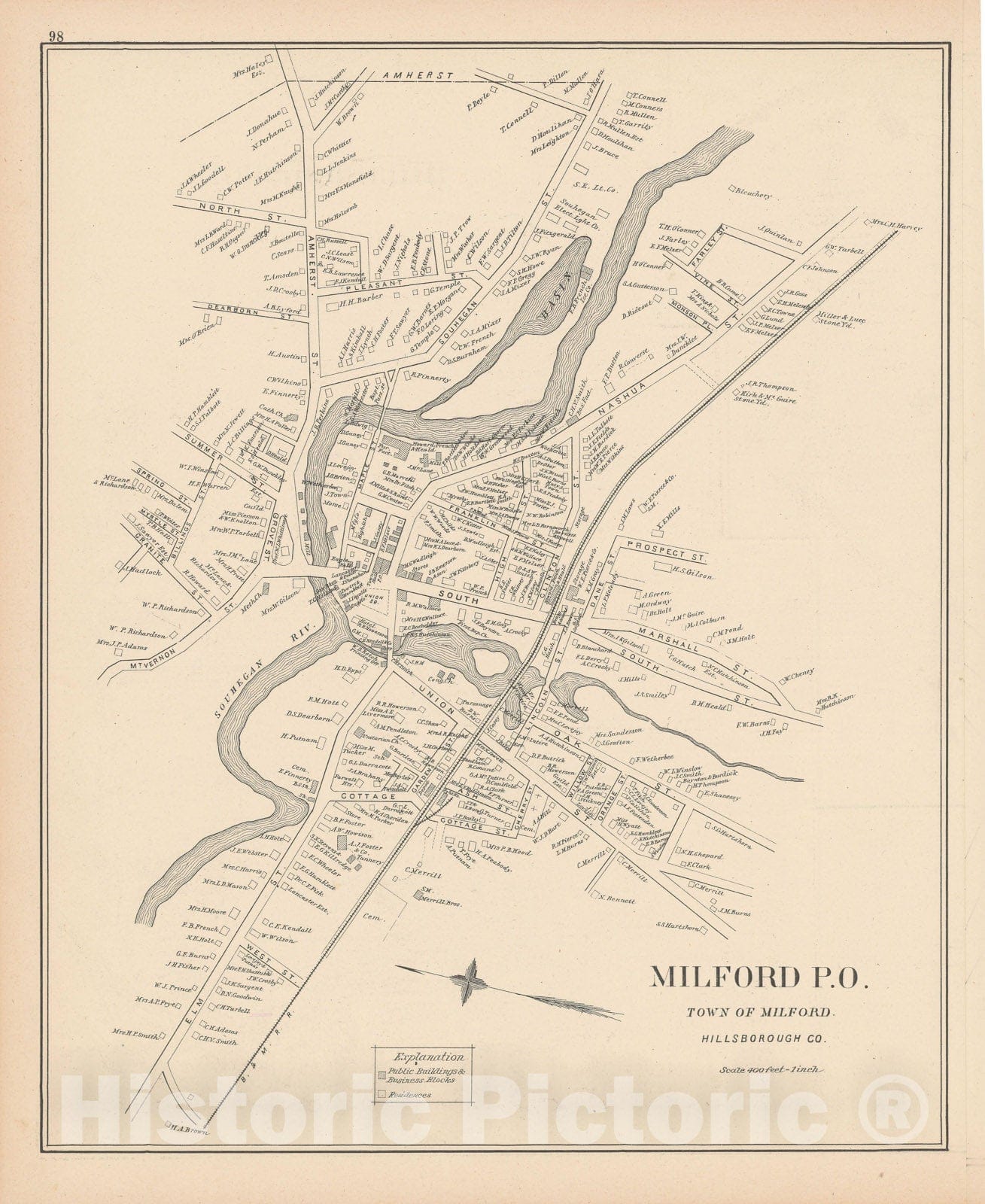 Historic Map : Milford 1892 , Town and City Atlas State of New Hampshire , Vintage Wall Art