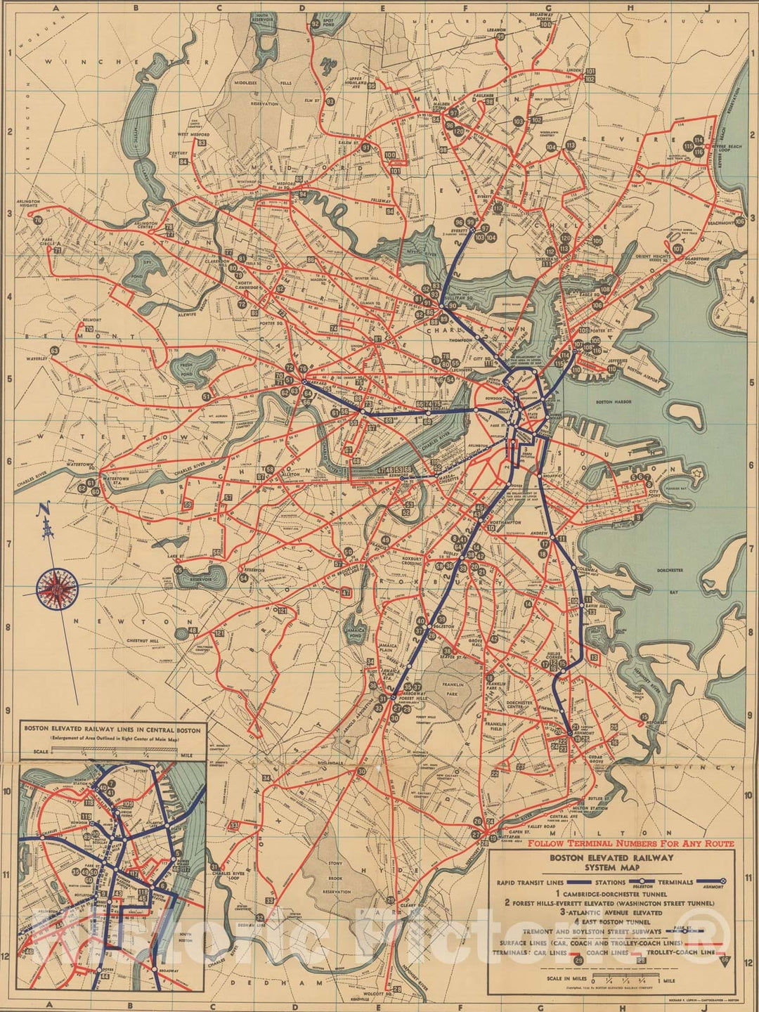 Historic Map : Greater Boston Transit Maps, Boston Elevated Railway System Route Map No. 1 1936 Railroad Catography , Vintage Wall Art