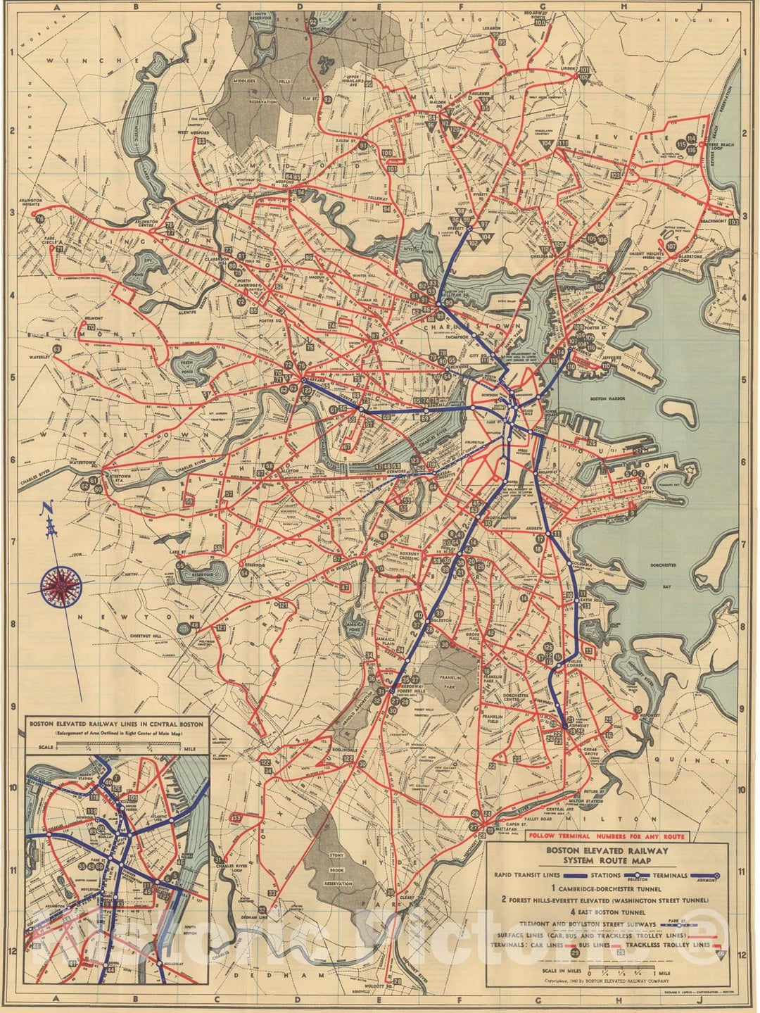 Historic Map : Greater Boston Transit Maps, Boston Elevated Railway System Route Map No. 4 1940 Railroad Catography , Vintage Wall Art