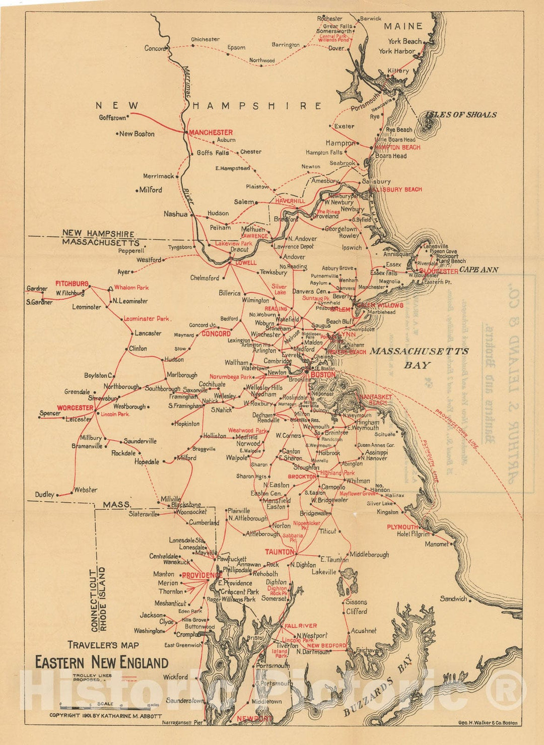 Historic Map : Greater Boston Transit Maps, Traveller's Map of Eastern New England 1901 Railroad Catography , Vintage Wall Art