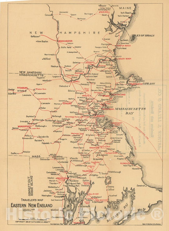 Historic Map : Greater Boston Transit Maps, Traveller's Map of Eastern New England 1901 Railroad Catography , Vintage Wall Art