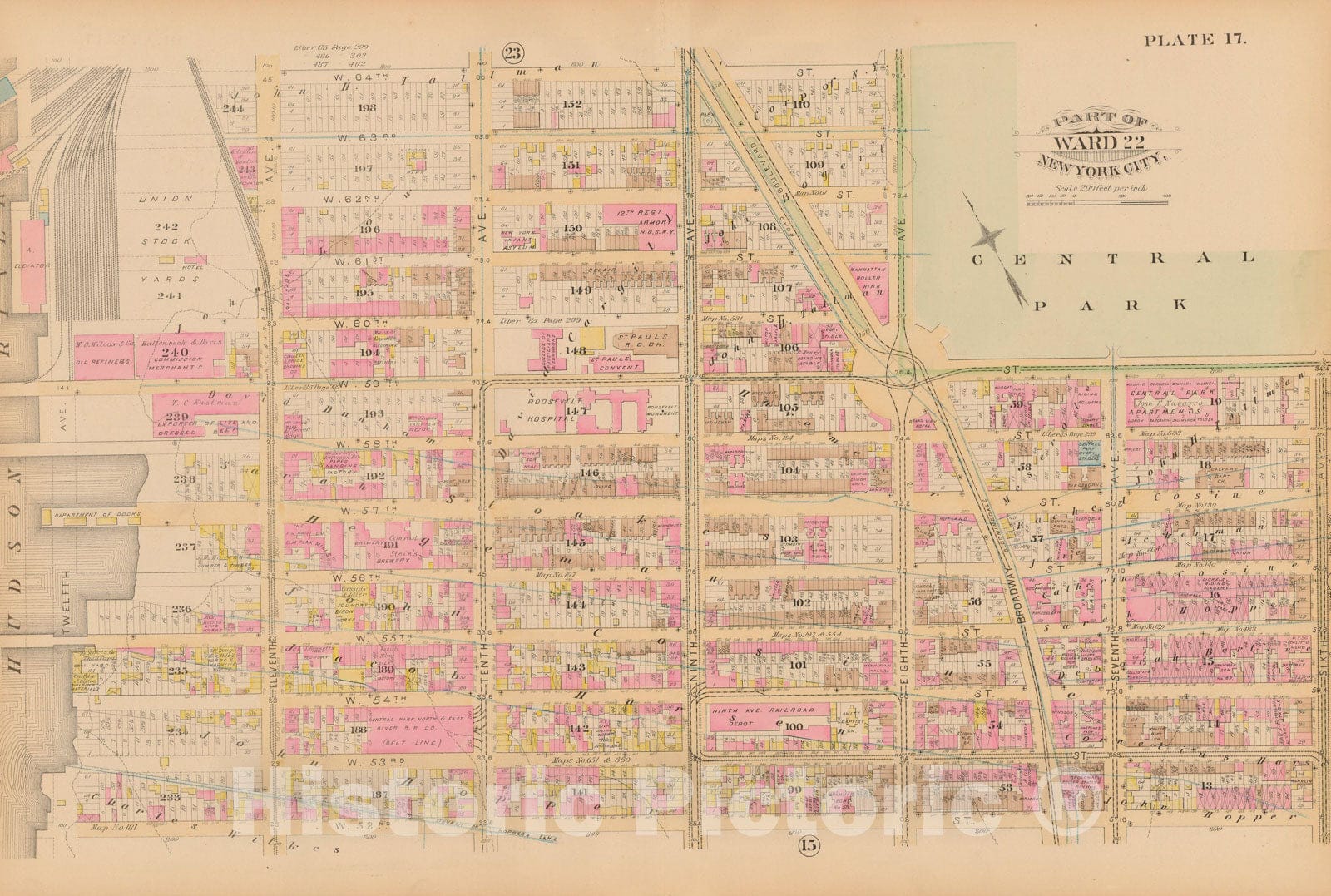 Historic Map : Manhattan & New York City 1885 Plate 017 , Robinson's Atlas City of New York , Vintage Wall Art