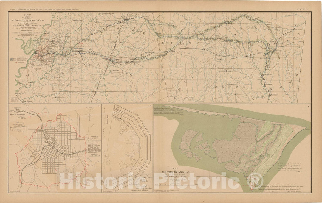 Historic Map : Civil War Atlas of the Union and Confederate Armies, Battles in GA, MI & NC 1895 , Vintage Wall Art