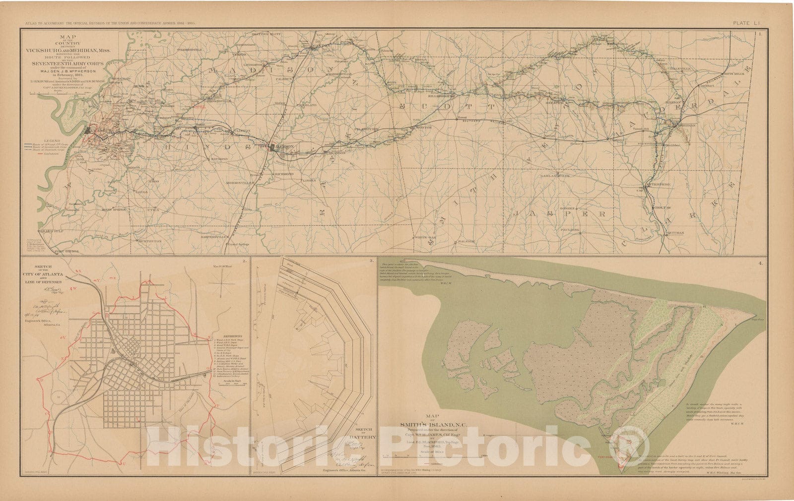 Historic Map : Civil War Atlas of the Union and Confederate Armies, Battles in GA, MI & NC 1895 , Vintage Wall Art