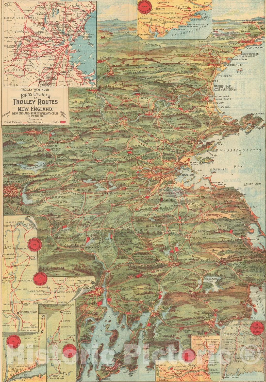 Historic Map : Greater Boston Transit Maps, Birds Eye View of Trolley Routes in New England 1905 Railroad Catography , Vintage Wall Art