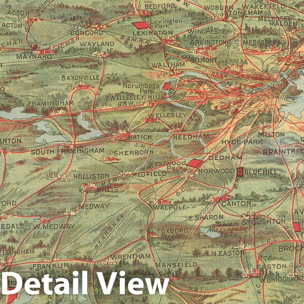 Historic Map : Greater Boston Transit Maps, Birds Eye View of Trolley Routes in New England 1905 Railroad Catography , Vintage Wall Art