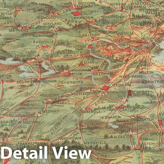 Historic Map : Greater Boston Transit Maps, Birds Eye View of Trolley Routes in New England 1905 Railroad Catography , Vintage Wall Art