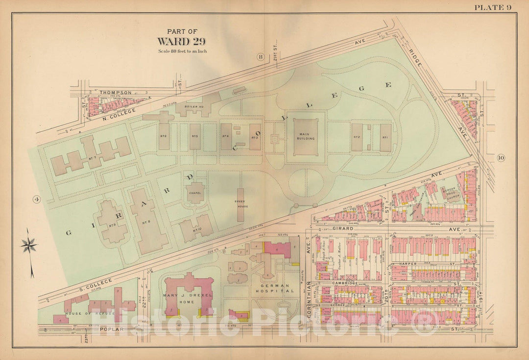 Historic Map : Philadelphia 1907 Plate 009 , Atlas 20th and 29th Wards of the City of Philadelphia , Vintage Wall Art