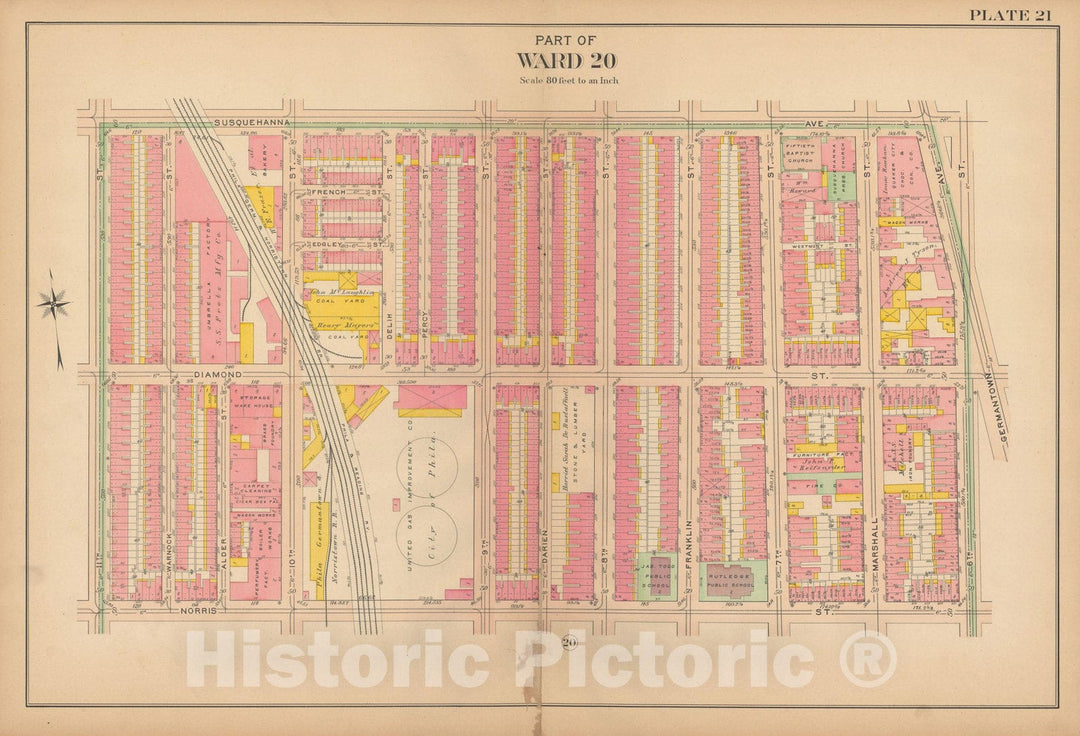 Historic Map : Philadelphia 1907 Plate 021 , Atlas 20th and 29th Wards of the City of Philadelphia , Vintage Wall Art