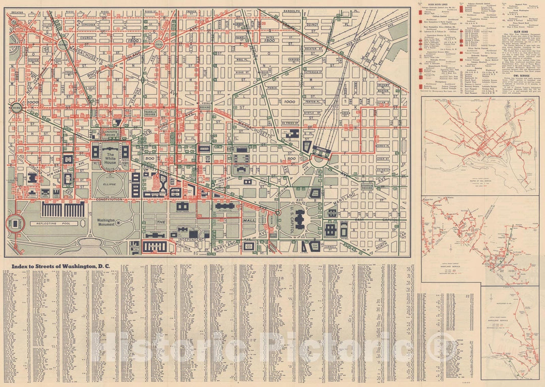 Historic Map : Washington D.C. (Dist. of Columbia), Central Washington D.C. Streetcar & Bus Lines 1949 , Vintage Wall Art