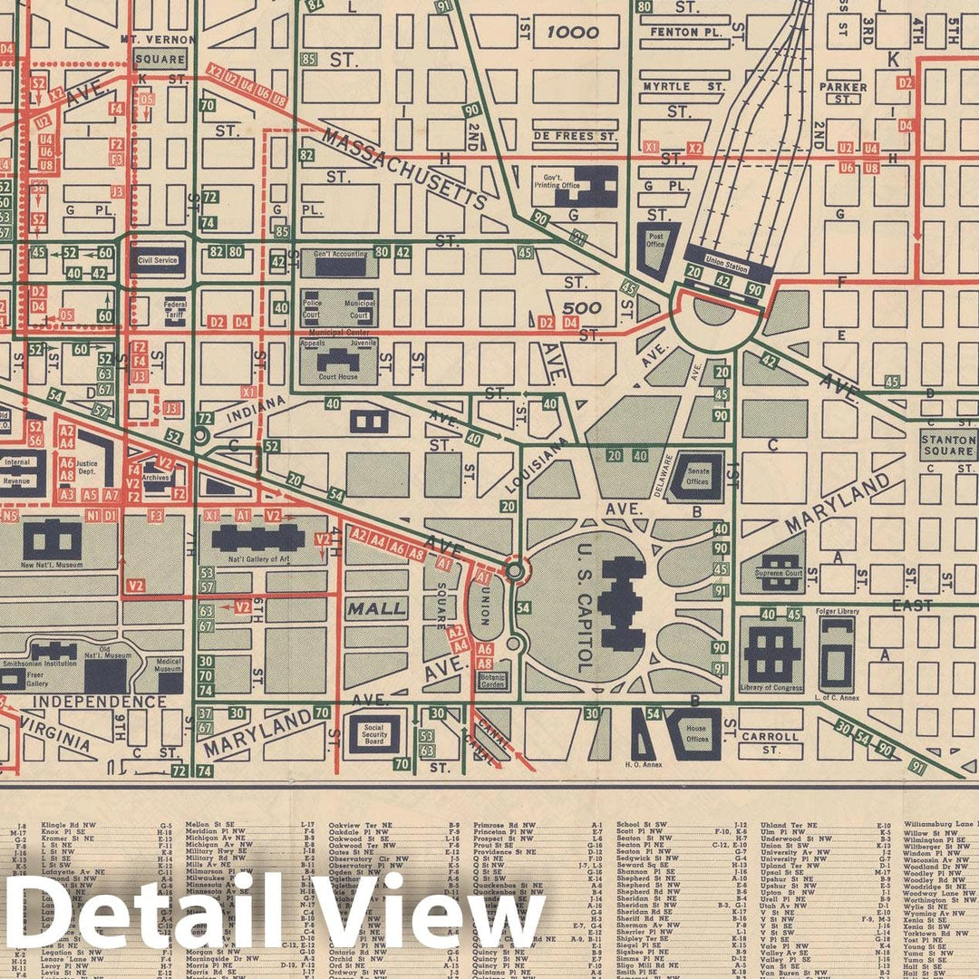 Historic Map : Washington D.C. (Dist. of Columbia), Central Washington D.C. Streetcar & Bus Lines 1949 , Vintage Wall Art