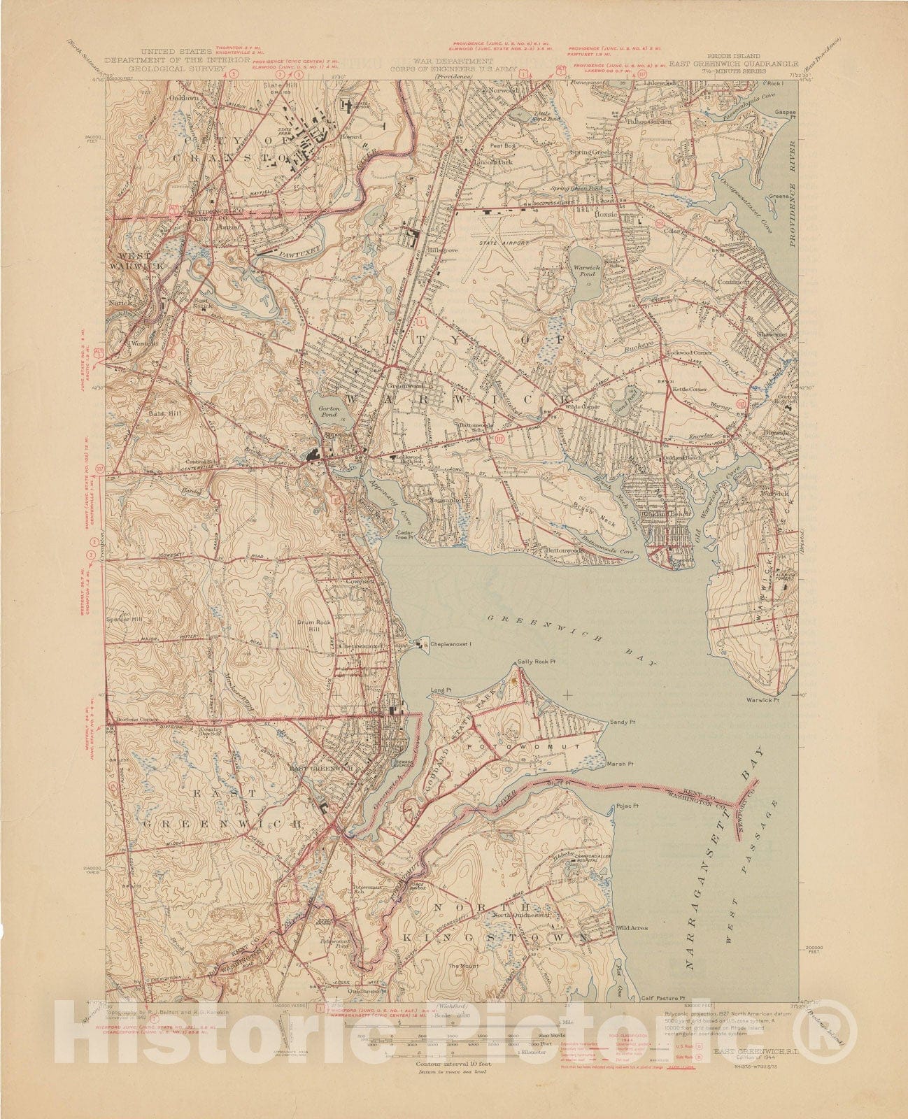 Historic Map : USGS 7.5 Minute Sheets and Quadrangles, East Greenwich & Greenwich & Warwick 1944 Topographic Map , Vintage Wall Art