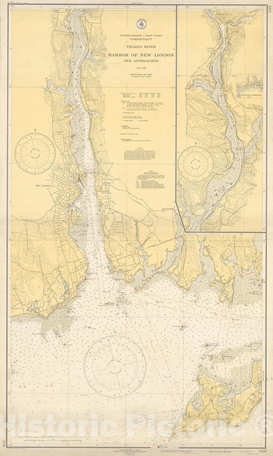 Historic Map : Coastal Charts - Connecticut Thames River: Harbor of New London 1939 , Vintage Wall Art