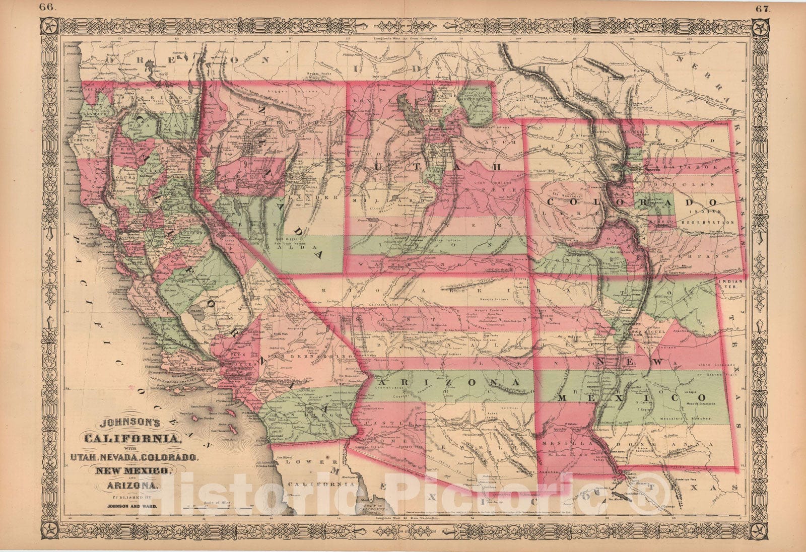 Historic Map : United States 1864 , Johnson's Atlas World , Vintage Wall Art