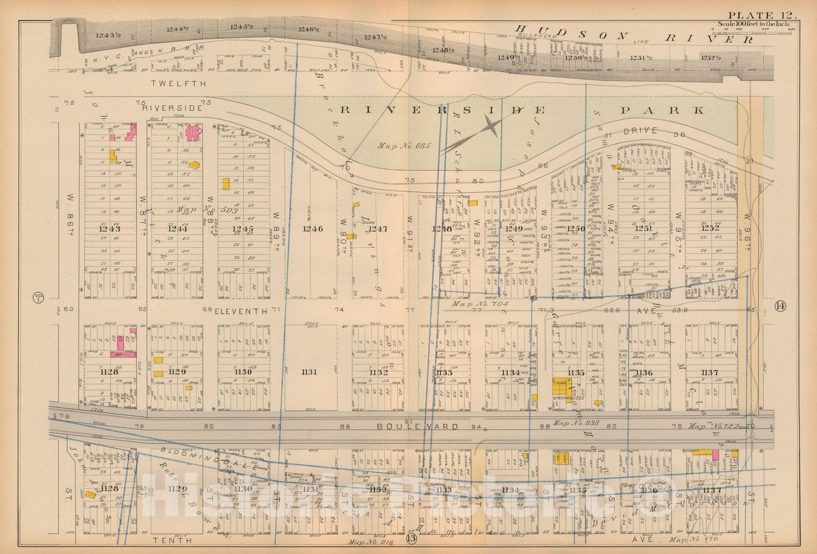 Historic Map : Atlas City of New York, Vol 2 ... 12th Ward, 2nd Ed., Manhattan 1884 Plate 012 , Vintage Wall Art