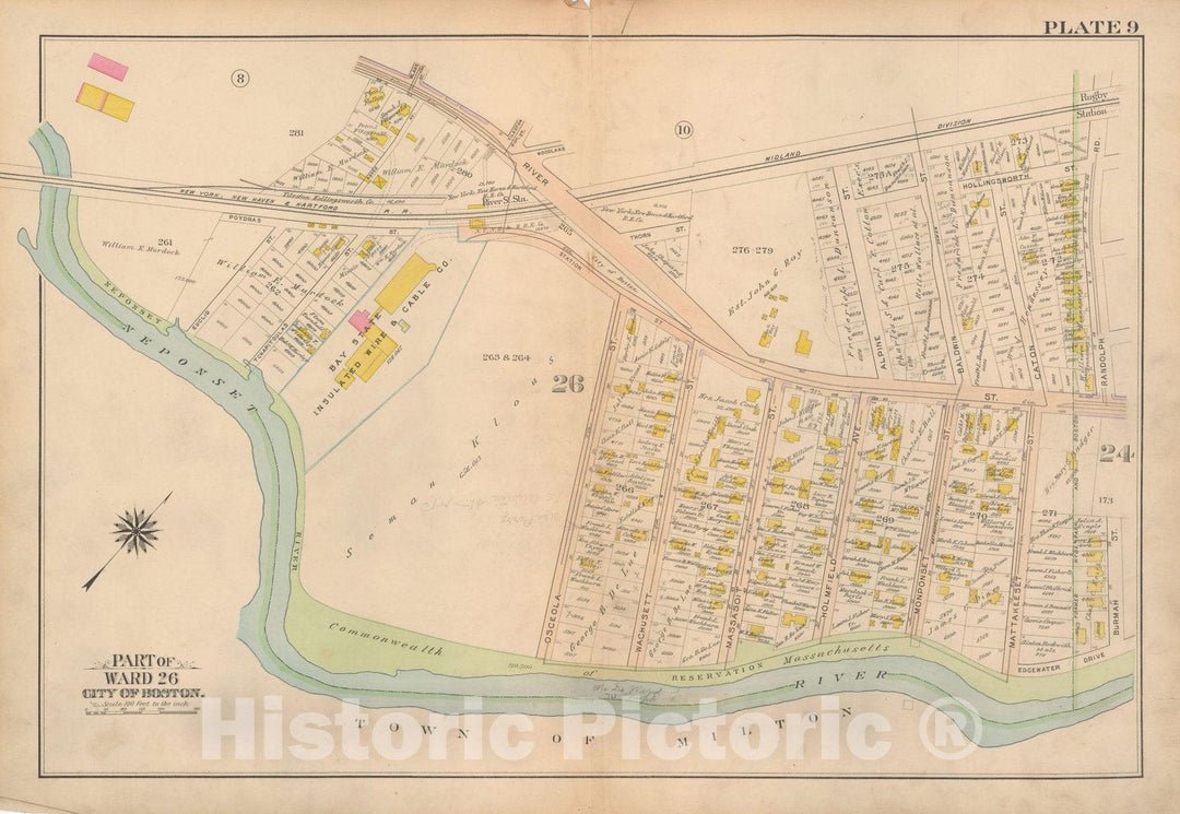 Historic Map : Atlas City of Boston Ward 26 Hyde Park, Hyde Park 1912 Plate 009 , Vintage Wall Art