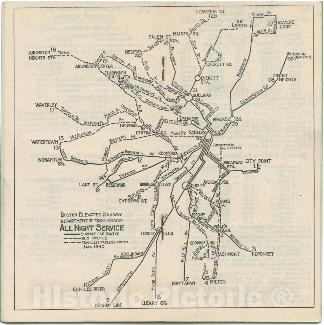 Historic Map : Greater Boston Transit Maps, Boston Elevated Railway Night Service Map 1940 Railroad Catography , Vintage Wall Art