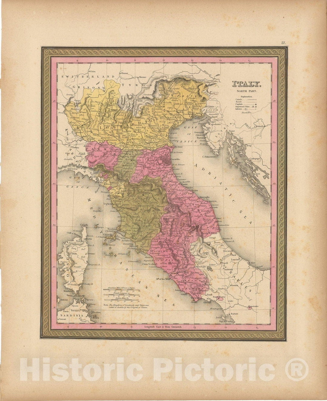 Historic Map : Northern & Central Italy 1847 , A New Universal Atlas of the World , Vintage Wall Art