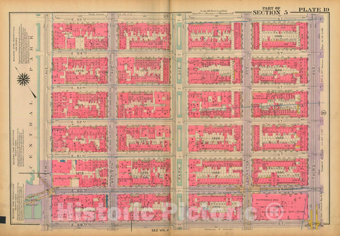 Historic Map : Atlas City of New York, Borough of Manhattan, Volume 3, 59th St to 110th St, Manhattan 1921 Plate 019 , Vintage Wall Art