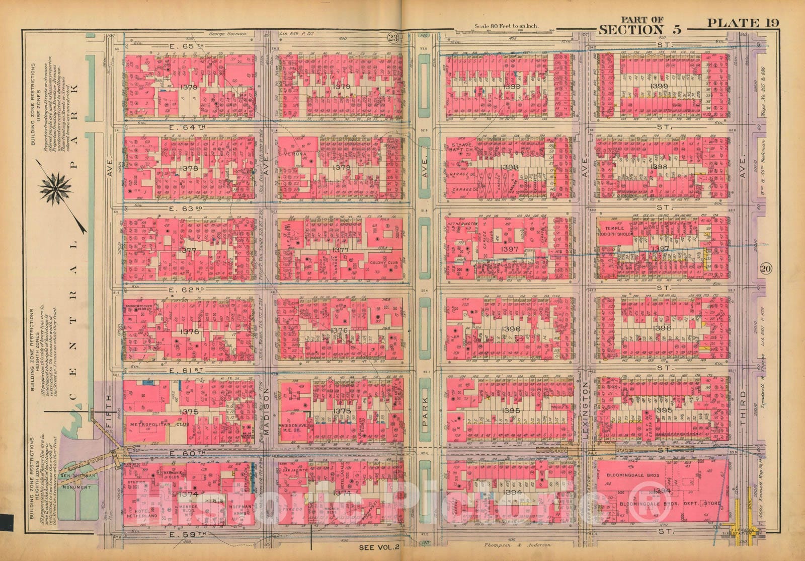 Historic Map : Atlas City of New York, Borough of Manhattan, Volume 3, 59th St to 110th St, Manhattan 1921 Plate 019 , Vintage Wall Art