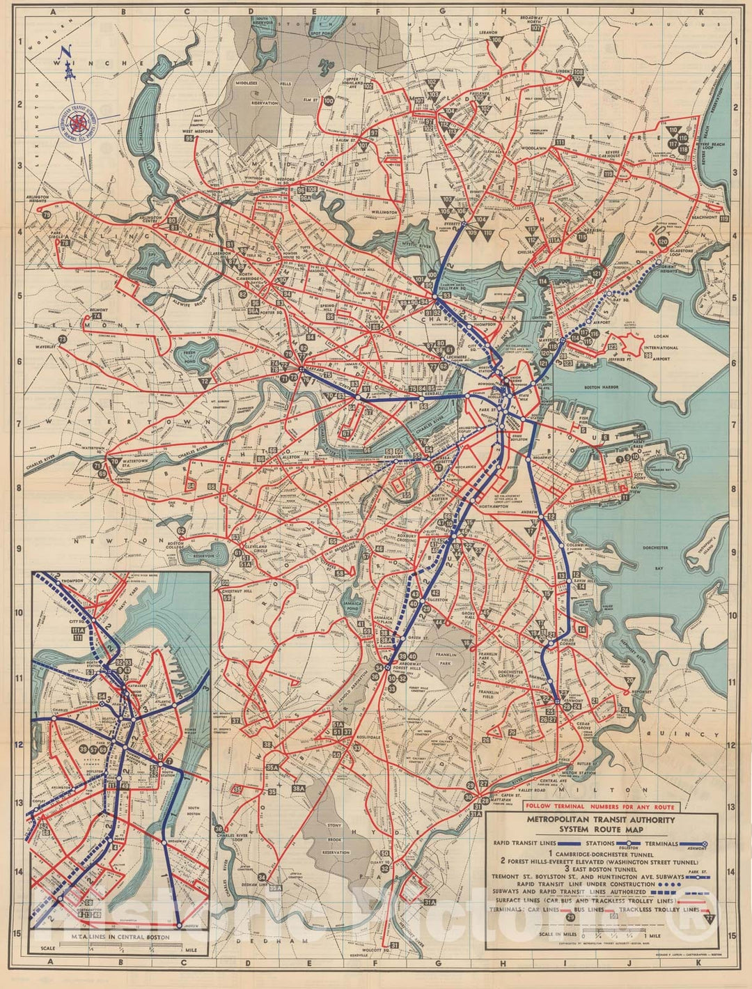 Historic Map : Greater Boston Transit Maps, Boston MTA System Route Map 2nd Ed. 1951 Railroad Catography , Vintage Wall Art