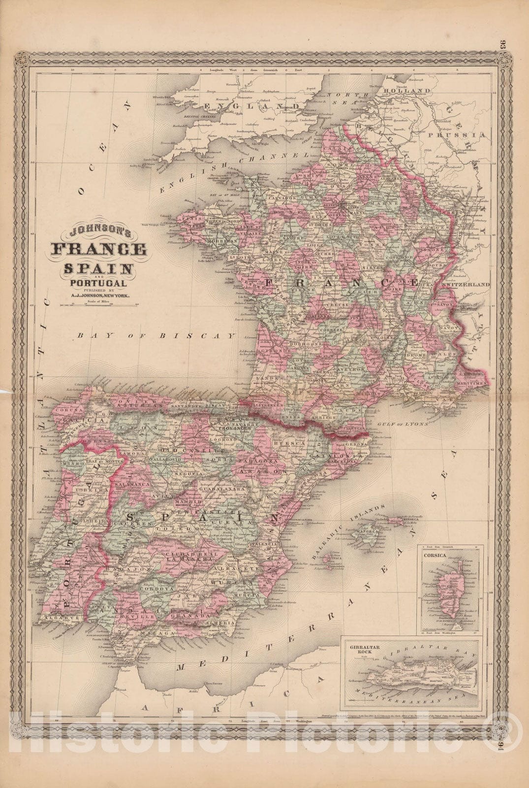 Historic Map : Family Atlas World, France & Spain & Portugal 1873 , Vintage Wall Art