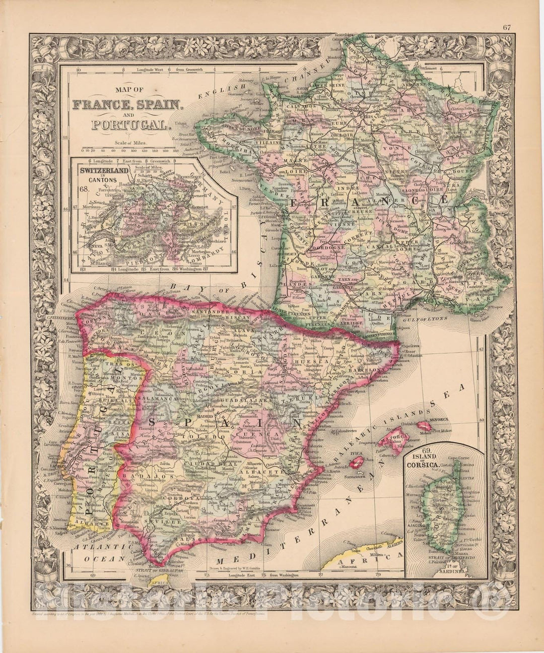 Historic Map : France & Spain 1864 , New General (World) Atlas , Vintage Wall Art