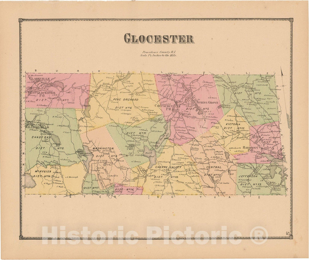 Historic Map : Atlas State of Rhode Island, Glocester 1870 , Vintage Wall Art