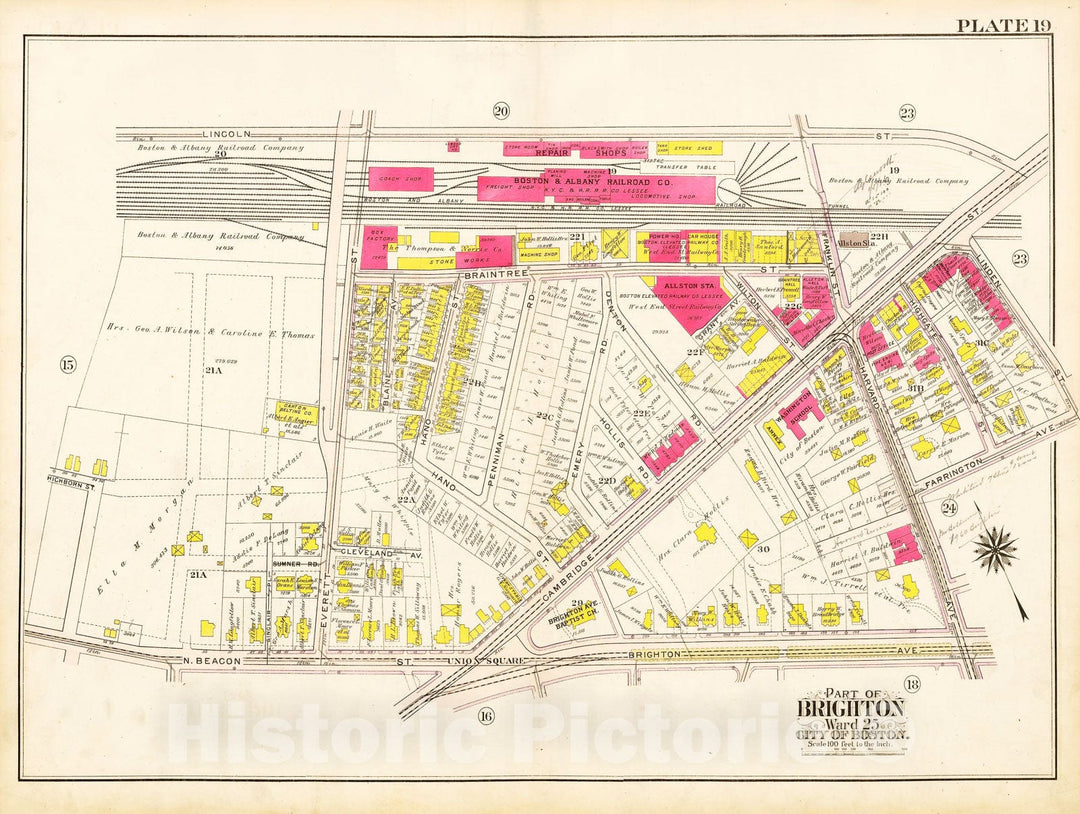 Historic Map : Atlas City of Boston Ward 25 Brighton, Allston 1909 Plate 019 , Vintage Wall Art