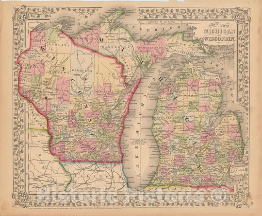 Historic Map : Michigan & Wisconsin 1867 , New General Atlas , Vintage Wall Art