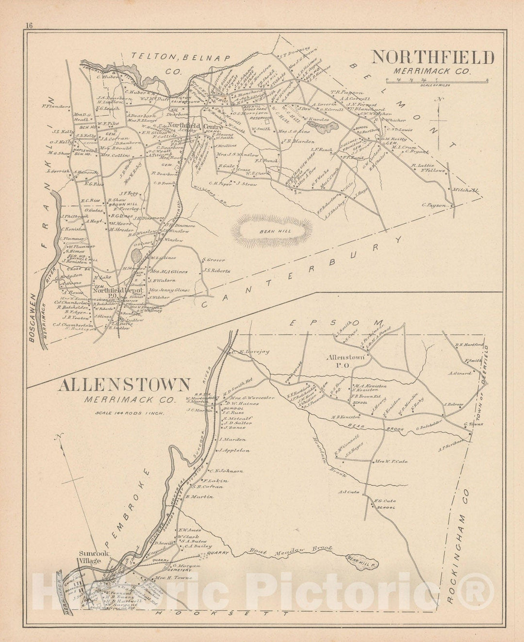 Historic Map : Allenstown & Northfield 1892 , Town and City Atlas State of New Hampshire , Vintage Wall Art