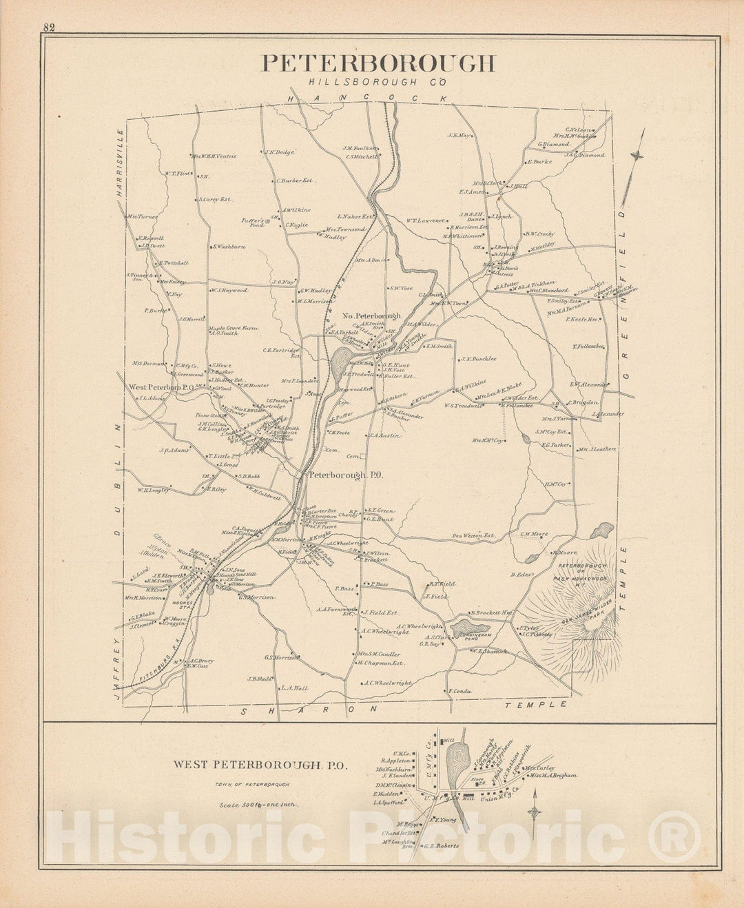 Historic Map : Peterborough 1892 , Town and City Atlas State of New Hampshire , Vintage Wall Art