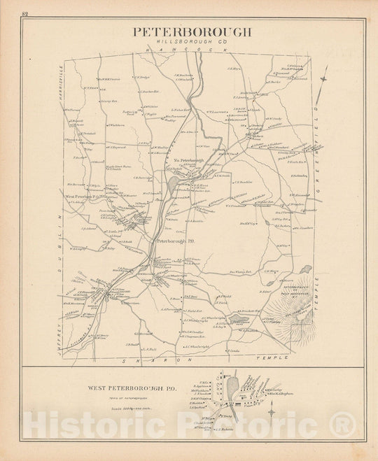 Historic Map : Peterborough 1892 , Town and City Atlas State of New Hampshire , Vintage Wall Art