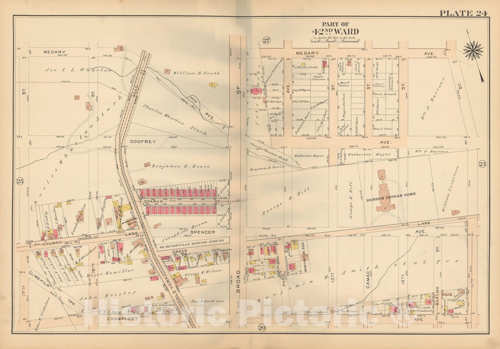 Historic Map : Atlas City of Philadelphia, 42nd Ward, Philadelphia 1913 Plate 024 , Vintage Wall Art