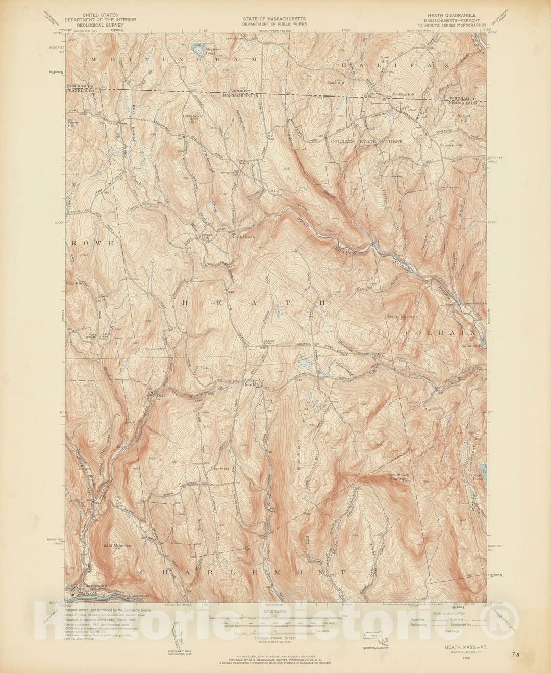 Historic Map : USGS 7.5 Minute Sheets and Quadrangles, Charlemont & Heath 1950 Topographic Map , Vintage Wall Art