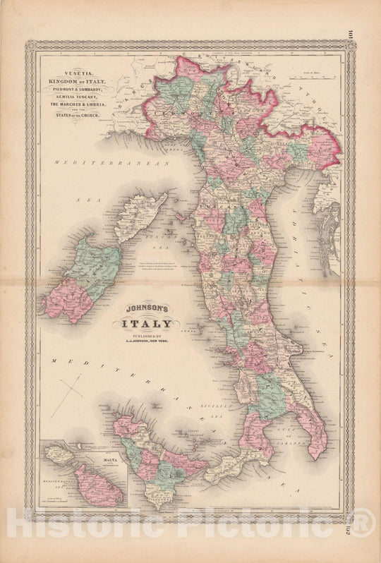 Historic Map : Family Atlas World, Italy 1873 , Vintage Wall Art