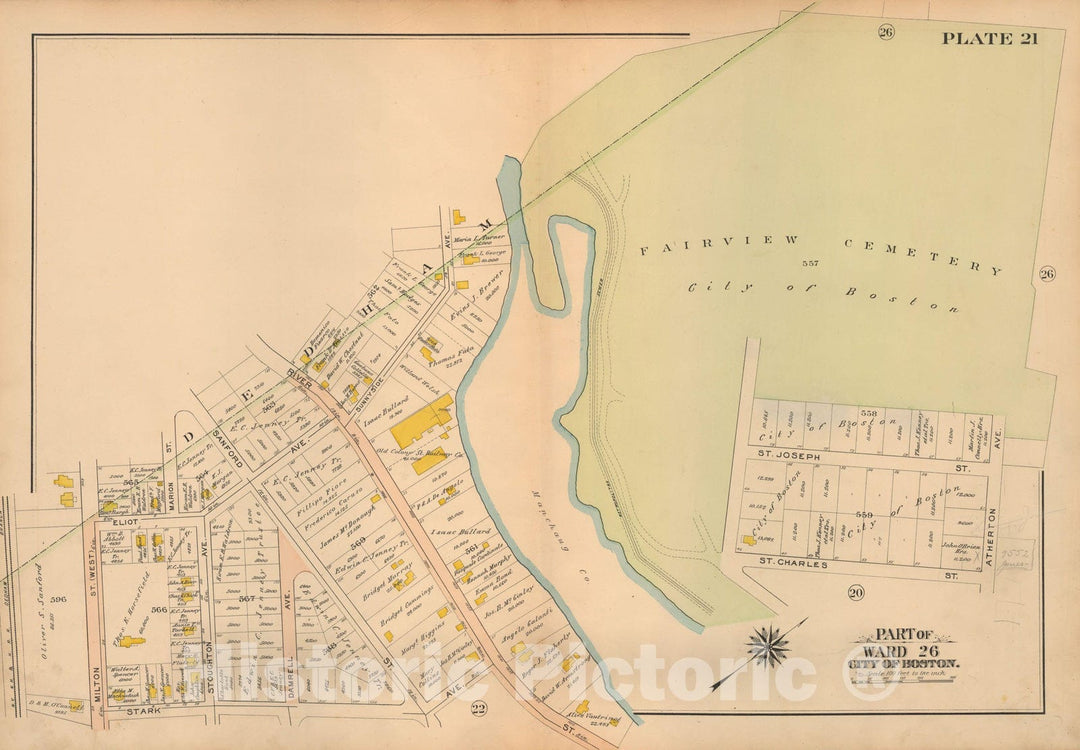 Historic Map : Atlas City of Boston Ward 26 Hyde Park, Hyde Park 1912 Plate 021 , Vintage Wall Art